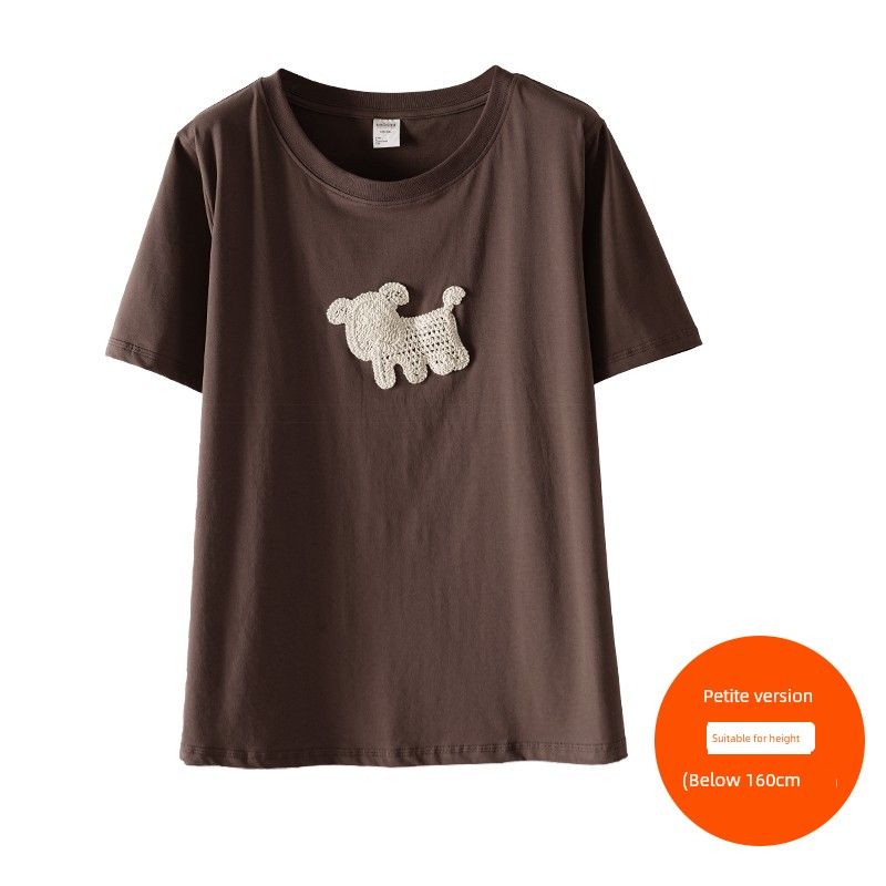 

Plus size women clothing [Street Puppy T] Ice Porcelain Cotton Hook Embroidery Slimming T-shirt Summer Chubby Girl Belly Covering Short sleeve Top Deep coffee (below 160cm) 5XL