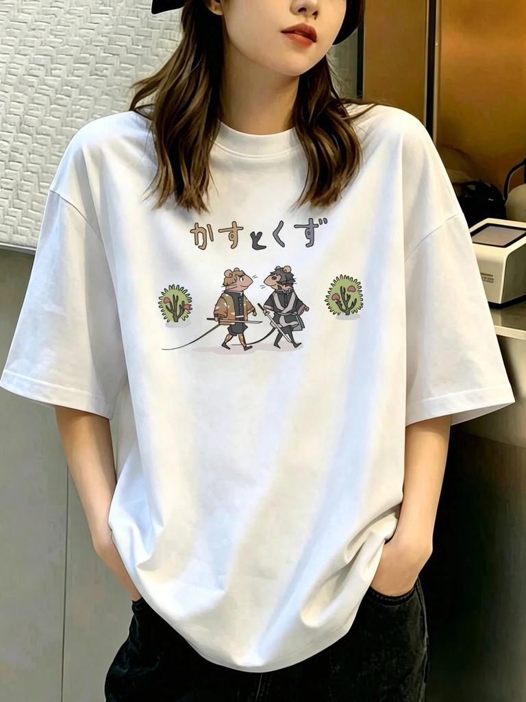 Unisexs Round Neck Short Sleeve Tee New Summer Arrival Cartoon Cat Dog Print Loose Versatile Casual Tops
