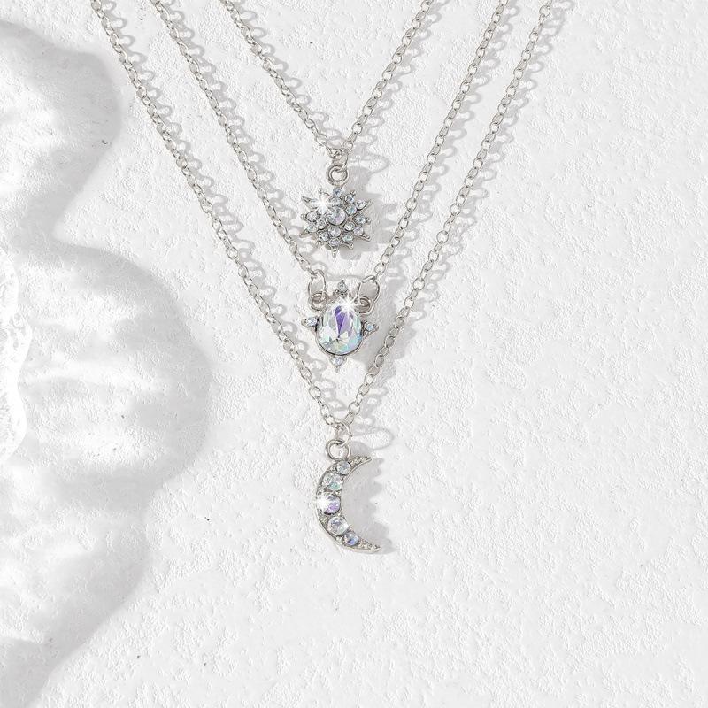 European & American Star Moon Zircon Pendant Necklace: Women's Three-Layer Clavicle Chain with Large Main Stone & Simple Design