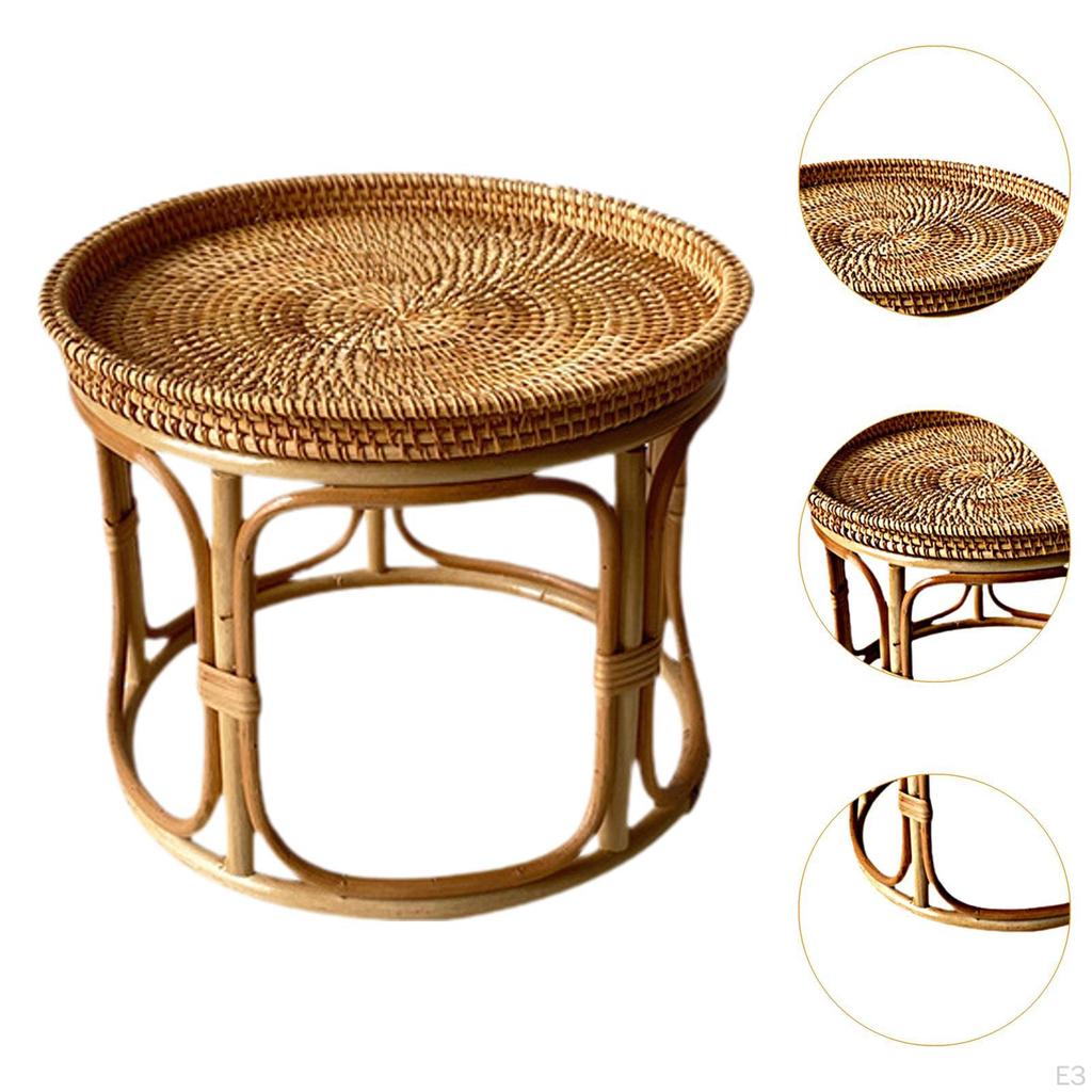 Rattan Side Table Decorative Coffee Holder Storage Tray NightStand Round End for Bedroom