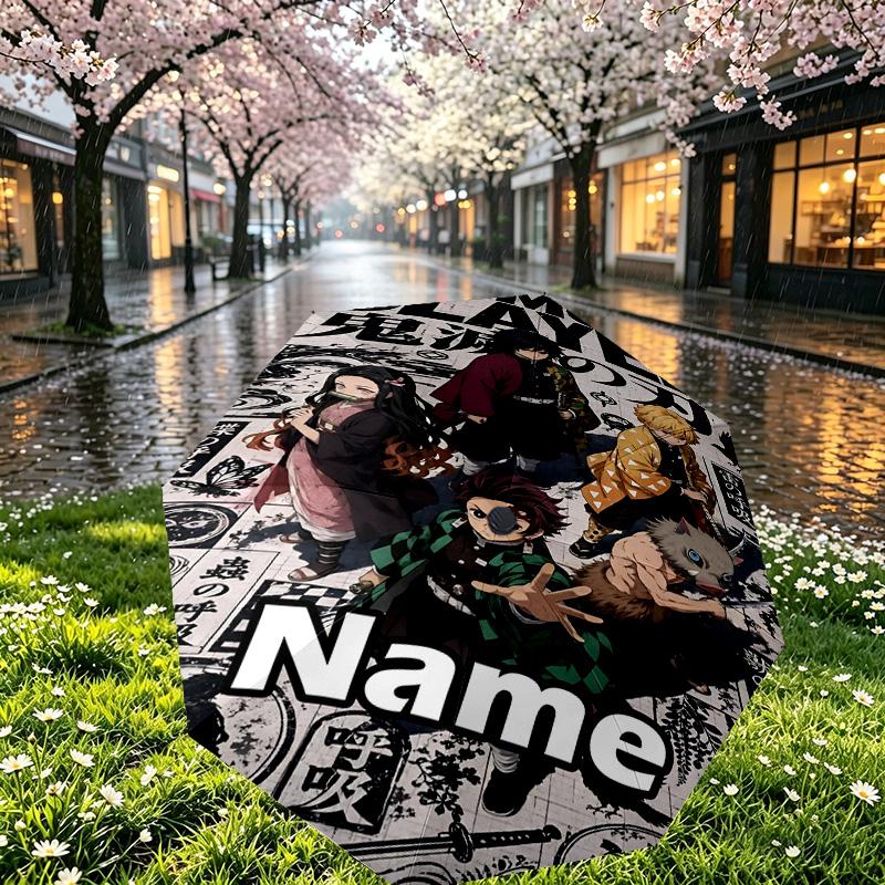 Custom Name Personalized Demon Slayer Print Umbrella, Auto Open Close, 8‑Rib Sturdy Frame, Commute Camping Hiking Use, Birthday Gift