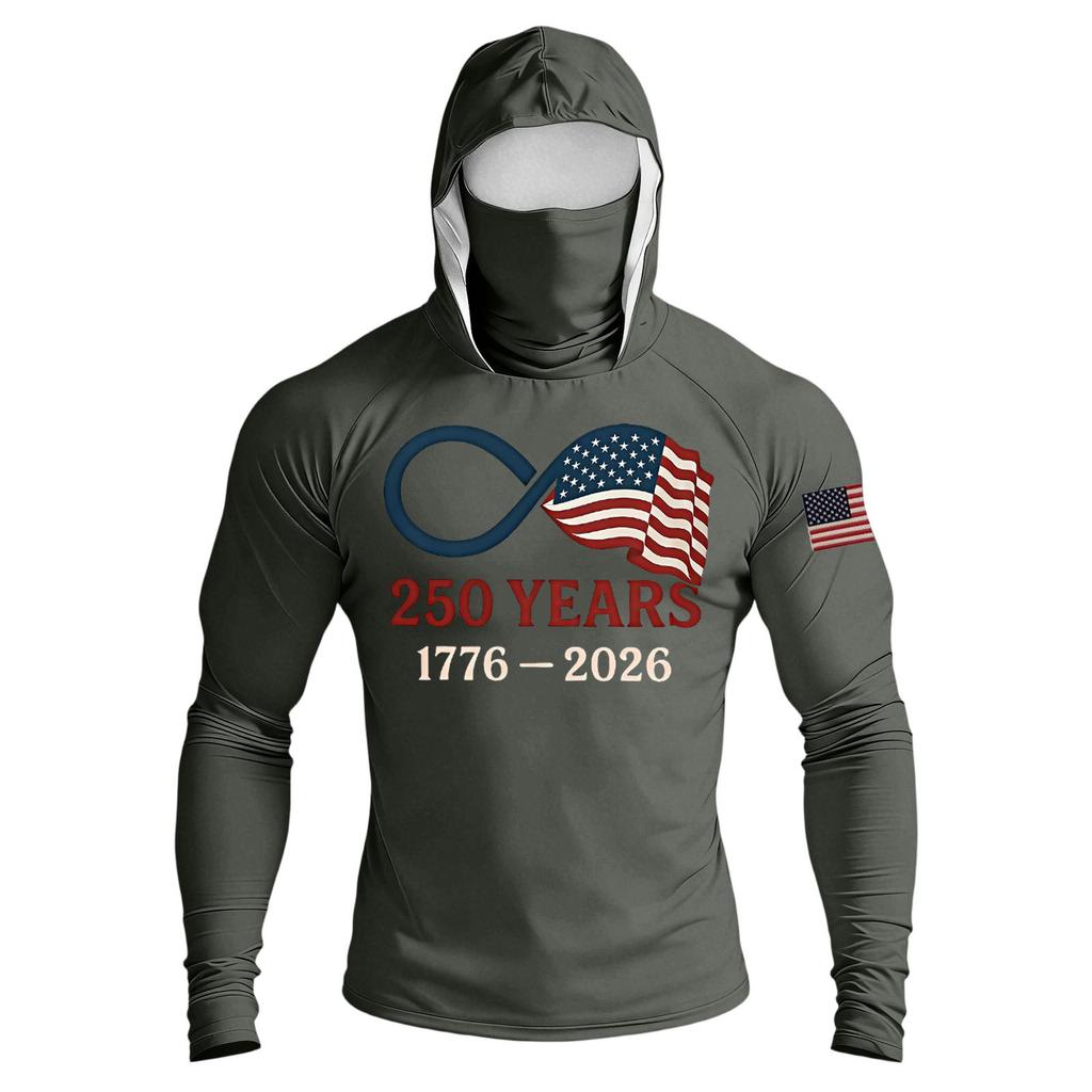 Men's Raglan Sleeve Hooded Long Sleeve Sun Top with Printed Front and Sleeve Design for Outdoor Activities