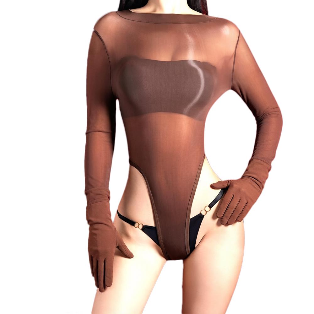 Women Glove Sleeve High Cut Bodysuit 5D Oil Glossy Shiny Open Crotch Tights Elastic Yoga Shaping Maid One Pieces Thong Leotard