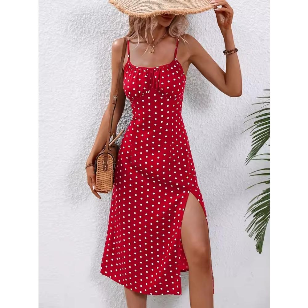 2025 Estate Sexy Spaghetti Straps Dress Donna Moda Polka Dot Stampa Senza Maniche Slit Dress Boho Casual Beach Midi Abiti