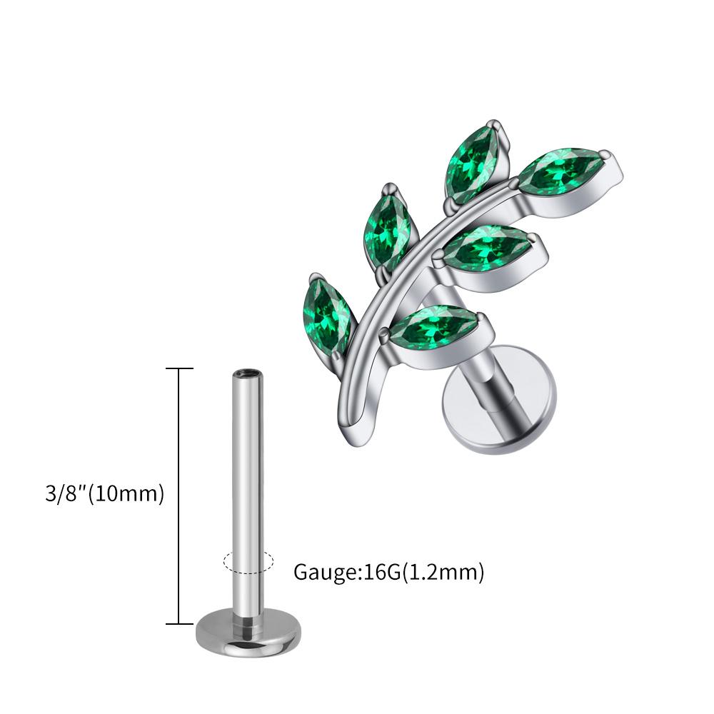 Right Grand ASTM F136 Titanium 16G Marquise CZ Leaves Stud Earring Leaf Shaped Helix Cartilage Conch Flat Back Piercing Jewelry