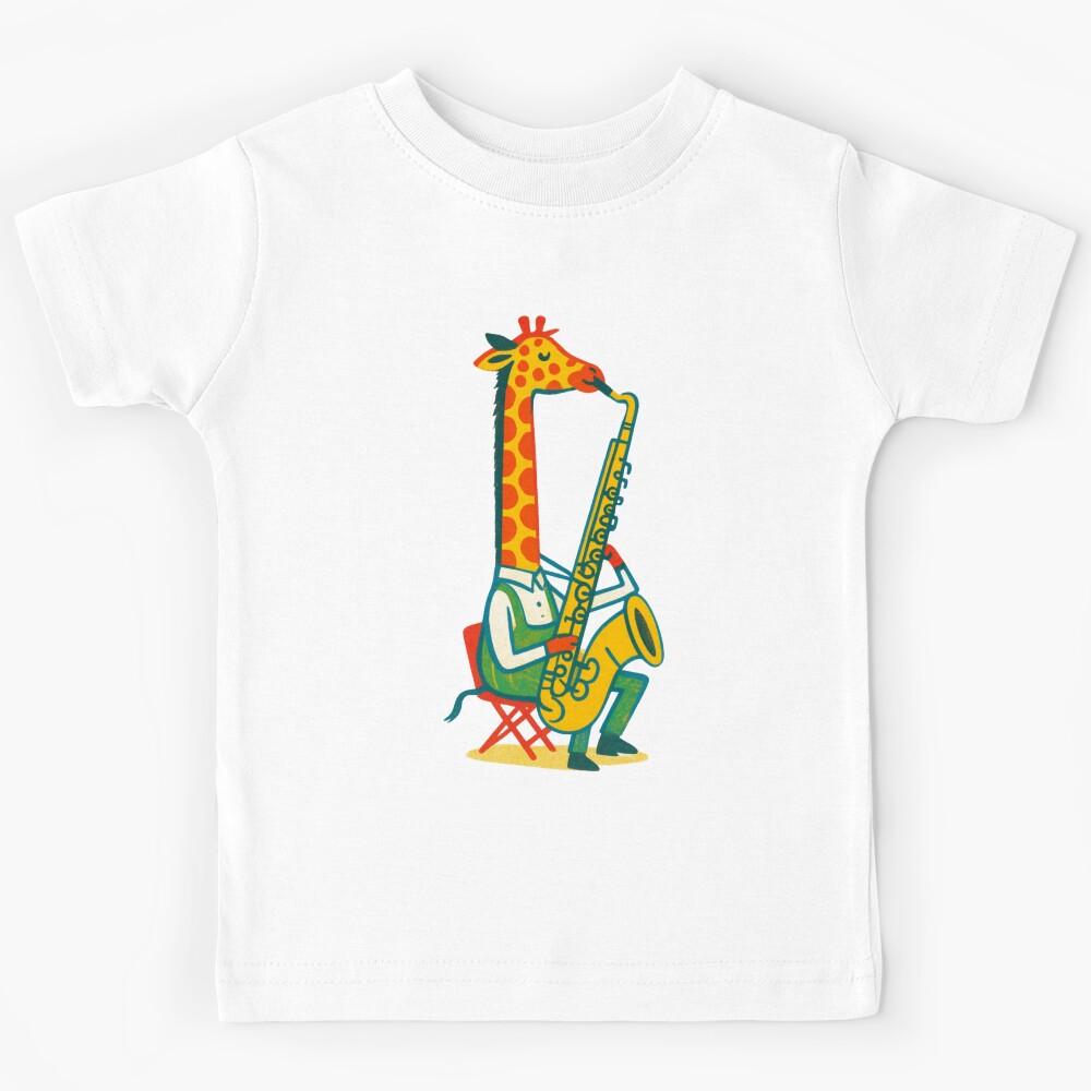 Whimsical Giraffe Saxophone Player — Retro Jazz Music Illustration Kids T-Shirt 100