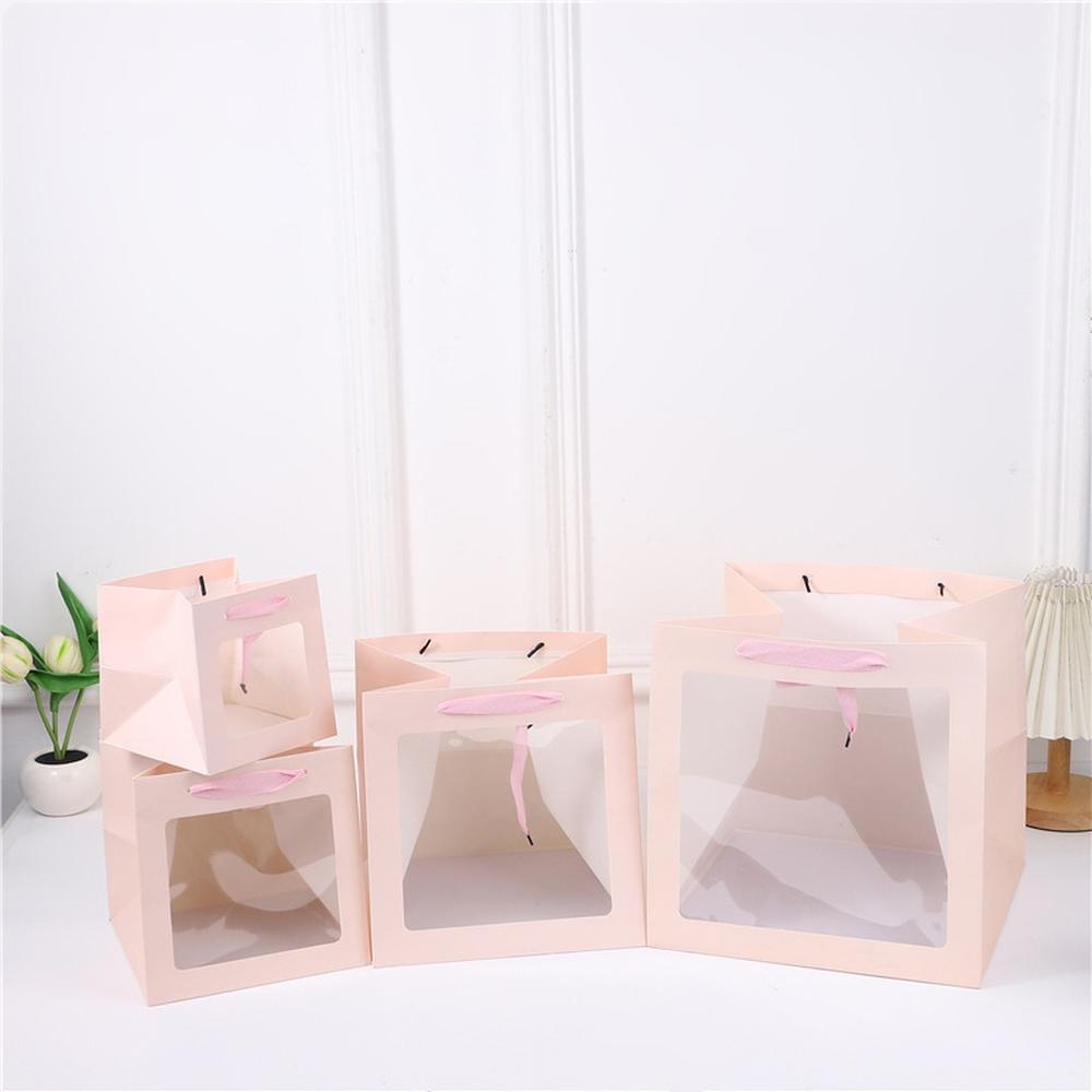 Square Clear Window Gift Bag with Handle Sturdy Paper Carry Bag for Flower Plush Toy Cake and Party Gift Packaging Bag
