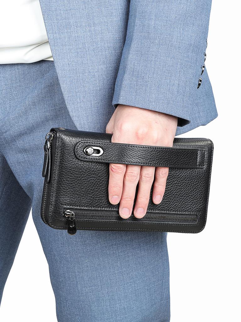 Men's First Layer Cowhide Clutch Bag Men's Leather Long Wallet Multi-functional Causal Fashion Clutch Bag Long Purse with Strap