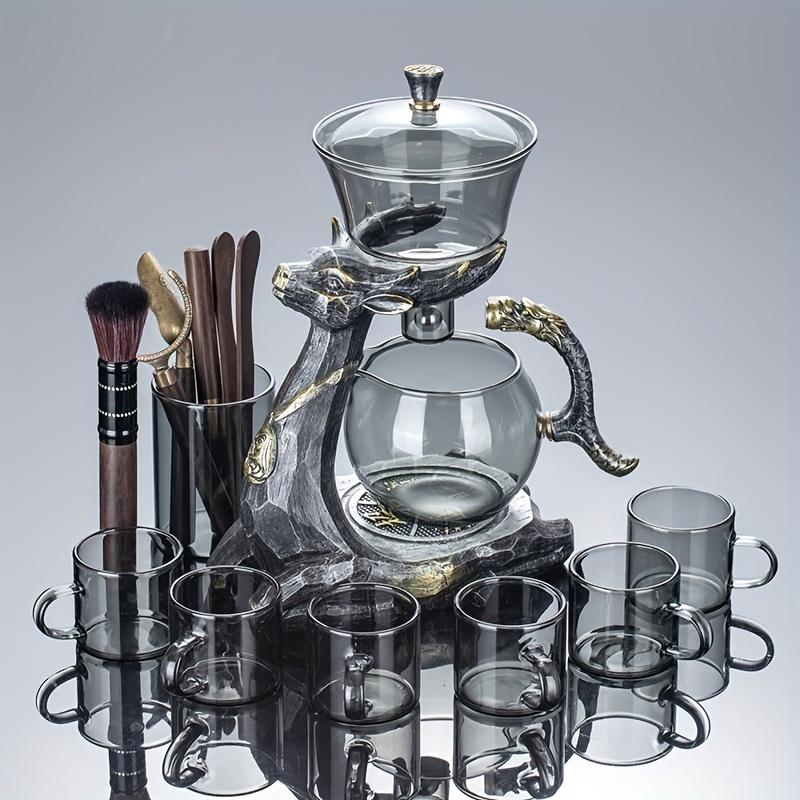 1 Set Silvery Deer Glass Automatic Tea Set Lazy Tea Set Semi-automatic Drip Glass Teapot Magnetic Water Diversion Teapot With 6