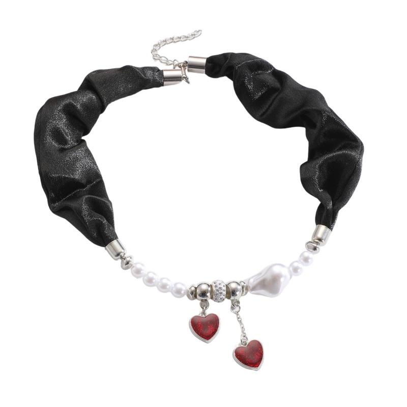 

Black Ribbon Fringed Love Baroque Pearl Choker Necklace Sweet Collar Cosplay Necklace Clavicle Chain Accessories for Women Girls