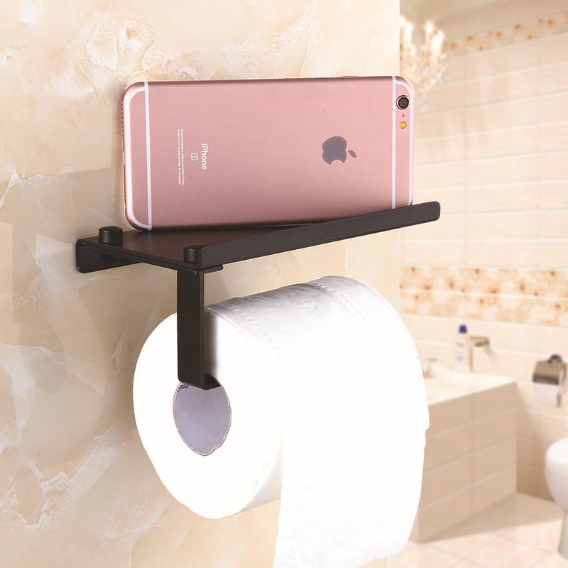 Tuqiu Black Toilet Paper Holder Wall Mounted Bathroom Tissue Paper Holder Aluminum Paper Roll Holder With Phone Storage Shelf