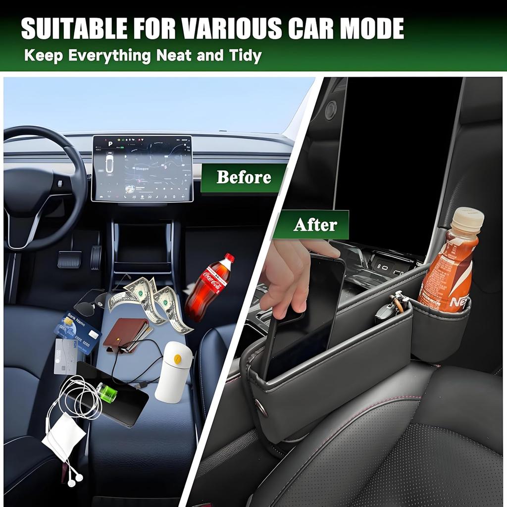Premium Leather 2 PC Car Seat Gap Filler Organizer, Multifunctional Car Seat Organizer With Cup Holder For Drink,Car Leather Cup Holder Gap Bag Front
