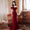 Light luxury burgundy toasting clothes 1011 new one-word shoulder fishtail skirt style atmosphere bride wedding evening dress women