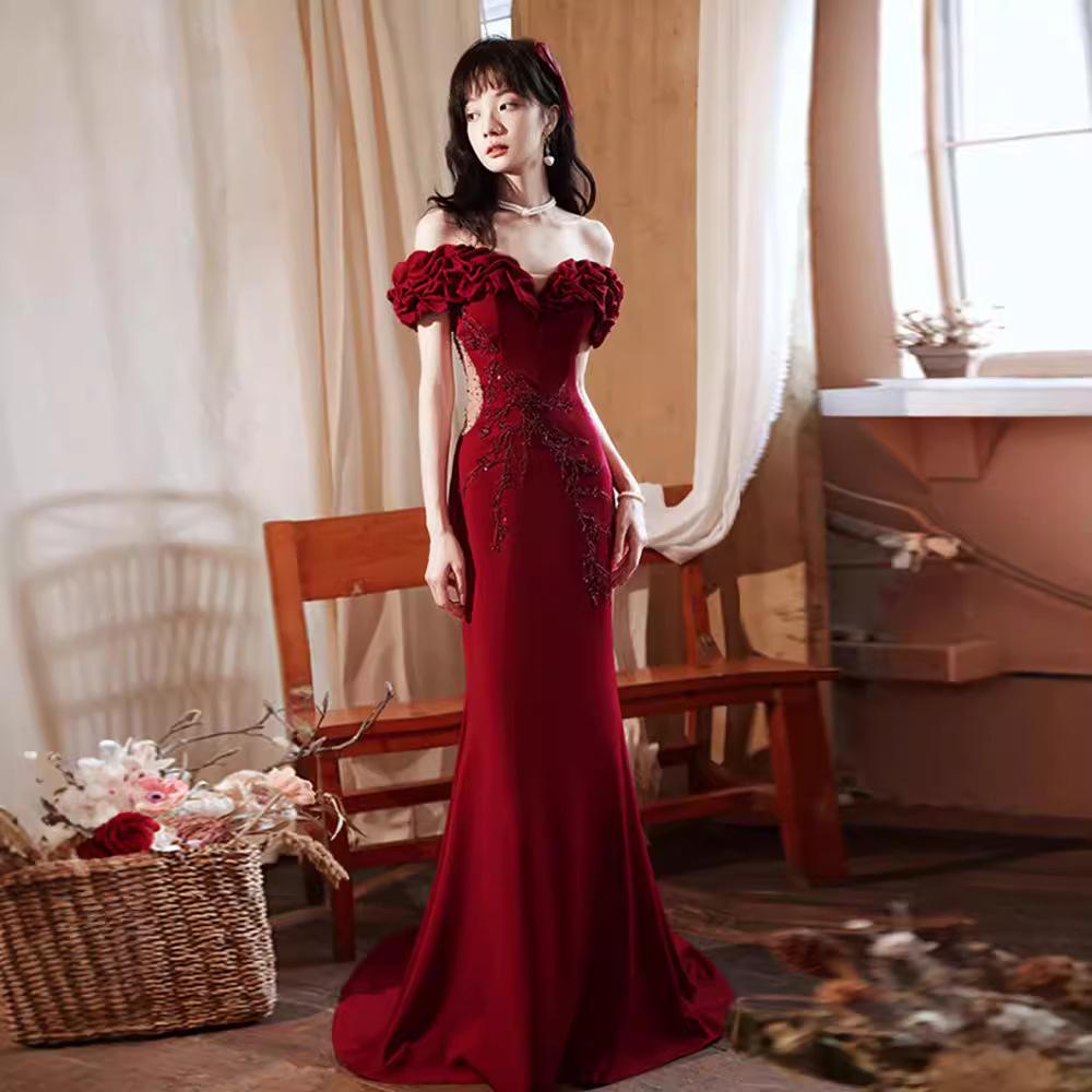 Light luxury burgundy toasting clothes 1011 new one-word shoulder fishtail skirt style atmosphere bride wedding evening dress women