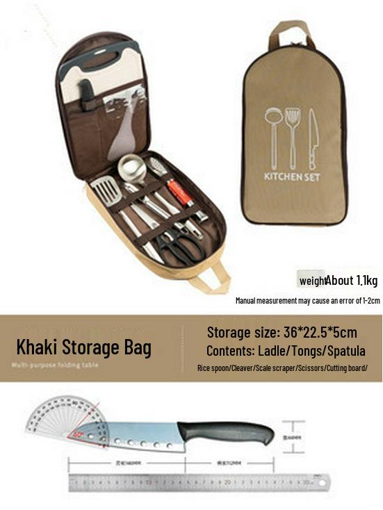 Portable Outdoor Cookware Set: Stainless Steel Cutlery, Storage Bag, and Cutting Board for Camping and Picnics.