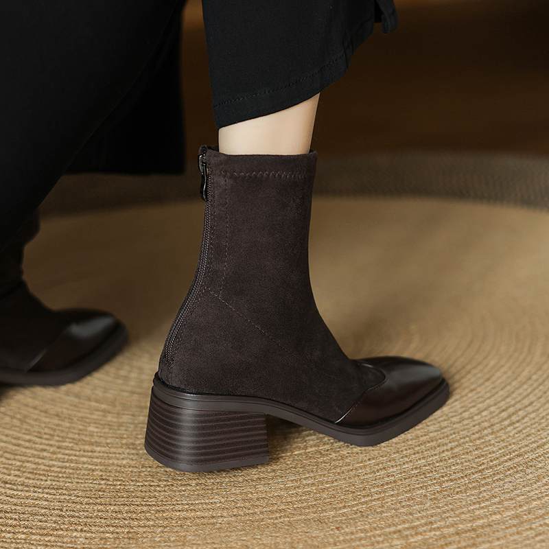 Krazing Pot Microfiber Flock Winter Square Toe Modern Size 33 Boots Size 43 Zipper KPOP Style Fashion Stretch Ankle Boots