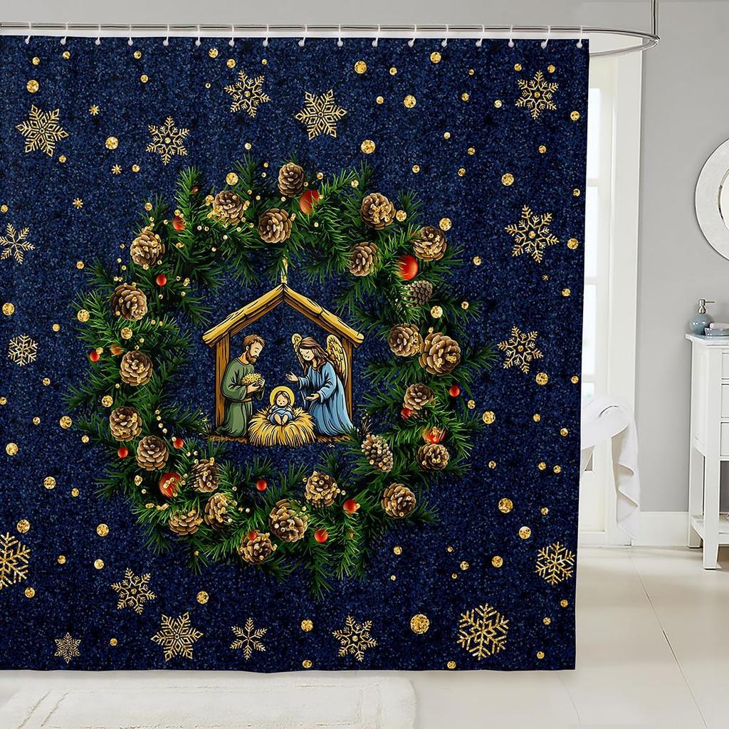 Christmas Cat Shower Curtain Cute Pet Cat Animal Bathroom Shower Curtain Sets, Xmas Decor Christmas Hat Fabric Shower Curtain