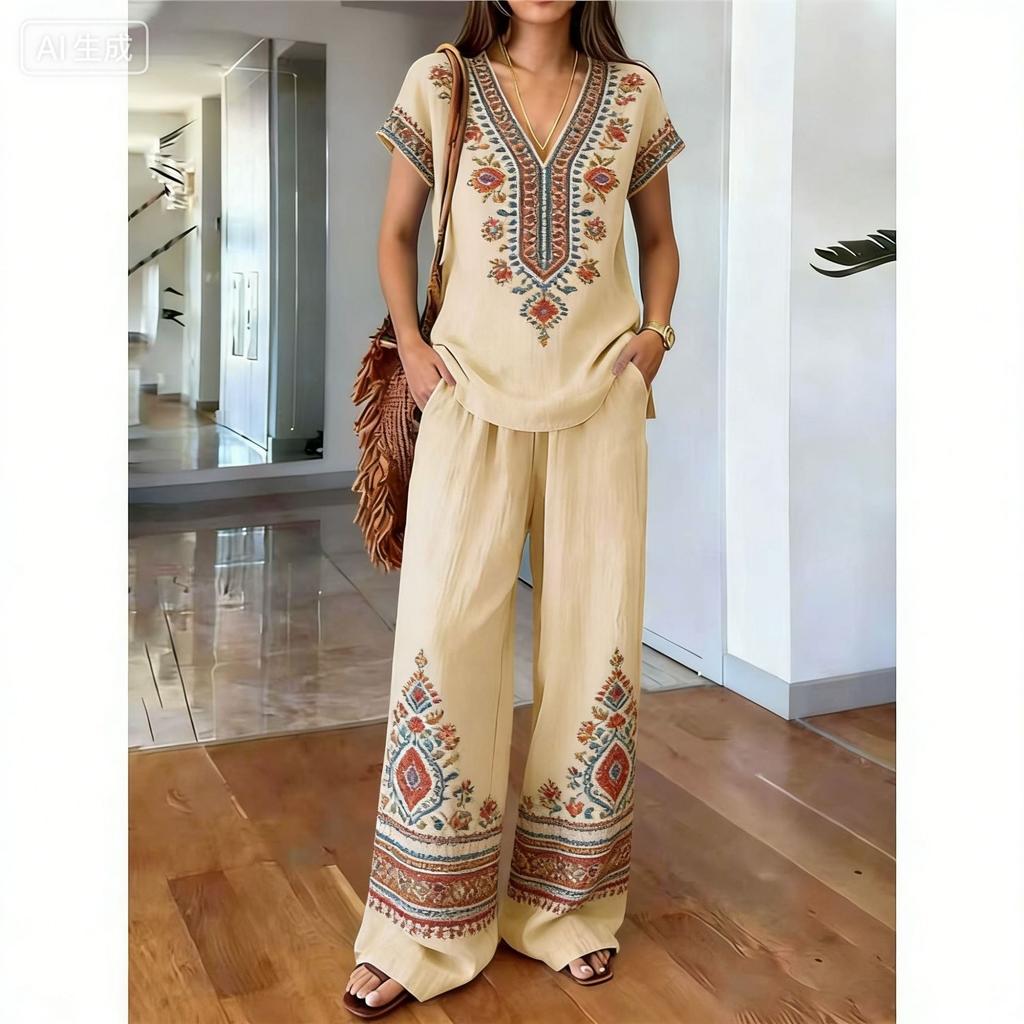 Y116 Summer Loose Top and Wide-Leg Pants Two-Piece Set Women's Fashion European and American Fashion Set