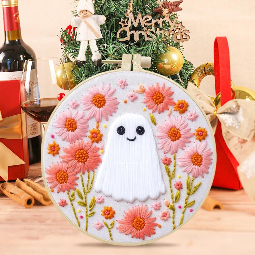 Halloween Stamped Cross Stitch Embroidery Kits with Hoop Cloth Color Thread for Beginners DIY Arts Ornament Cross Stitch Sets