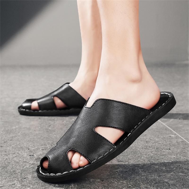 Men Slippers Handmade Simple Flats Brown Leather Sandals Outdoor Summer Roman Sandals Closed Toe Beach Shoes Plus Size