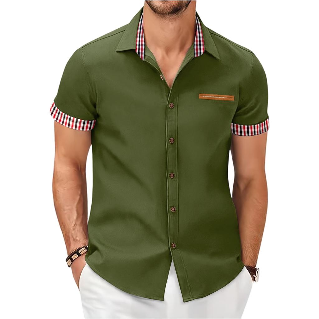 Men's Casual Checkered Color-blocked Shirt, Men's Fitted Lapel Button Short-sleeved Top