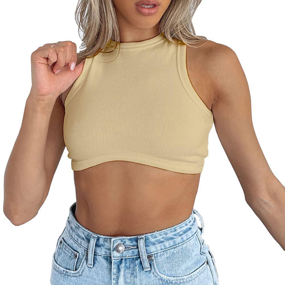 Dámský crop top bez rukávů z žebrovaného úpletu - Sexy styl s kulatým výstřihem