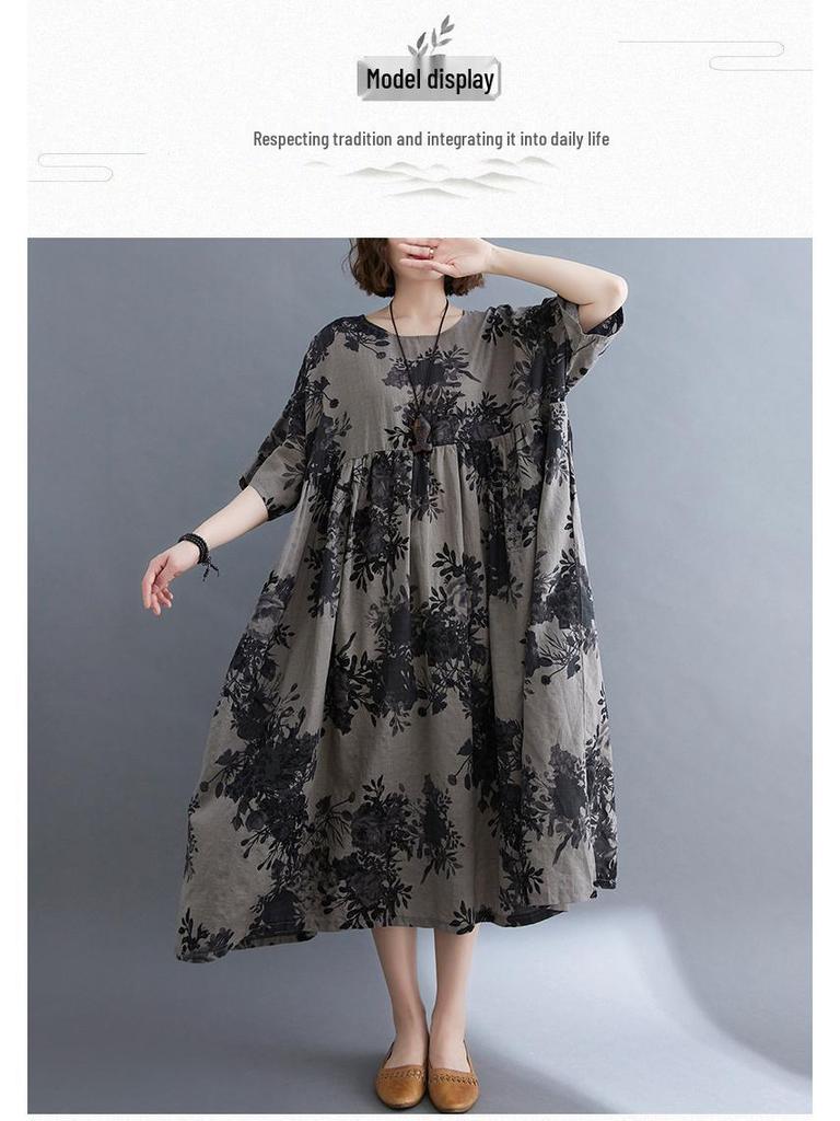2021 Summer Retro Plus Size Round Neck Print Dress with Short Sleeves and Big Swing
