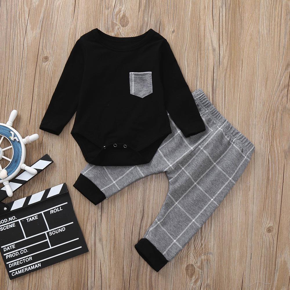 2pcs Toddler Baby Boys Long Sleeve Plaid Print Tops Pants Outfits
