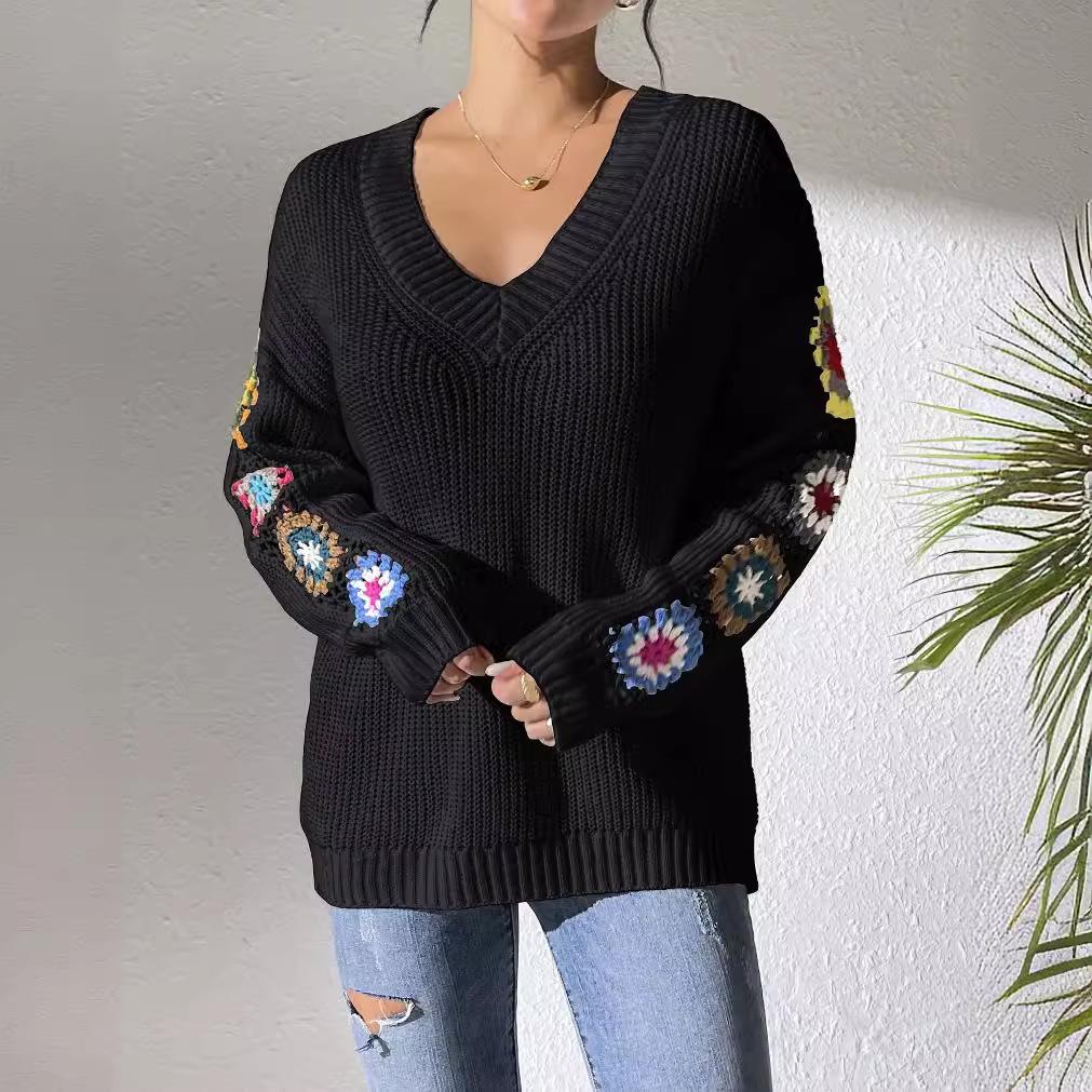 Herbst- und Winter Damen Mischfarben Handgehäkeltes Blumen Patchwork V-Ausschnitt Pullover