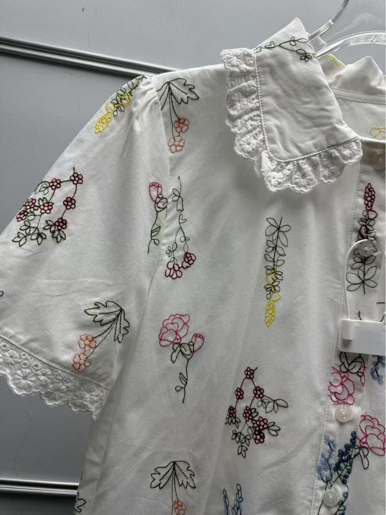French Floral Embroidered Lace-Trim Lapel Short-Sleeve Loose Shirt for Women