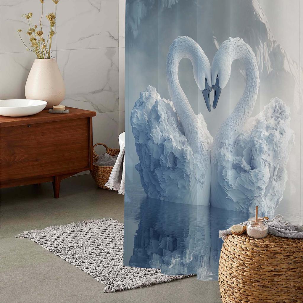 Romantic Valentine's Day White Swan Print Shower Curtain, Window Curtain with 12 Hooks Curtain for Windows