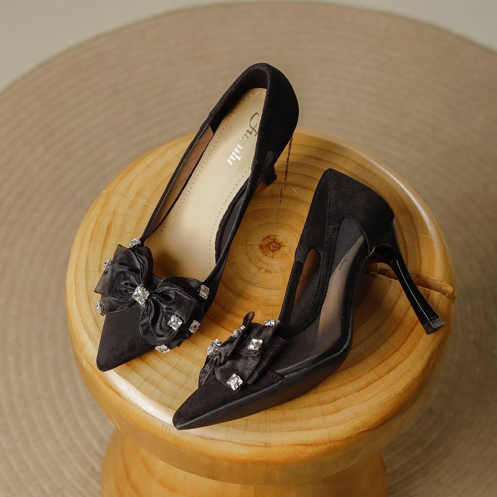 Mesh fine heel single shoes women's summer 2025 new with skirt bow gentle fairy wind shallow mouth high heels