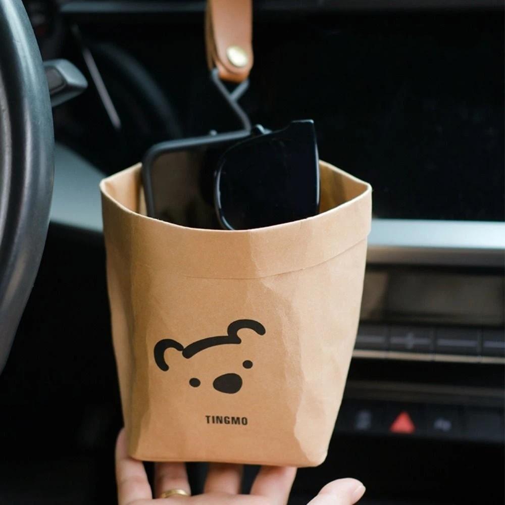 Portable Vehicle Organizer Bear Shaped Kraft Paper Storage Bag Small Rubbish Storage