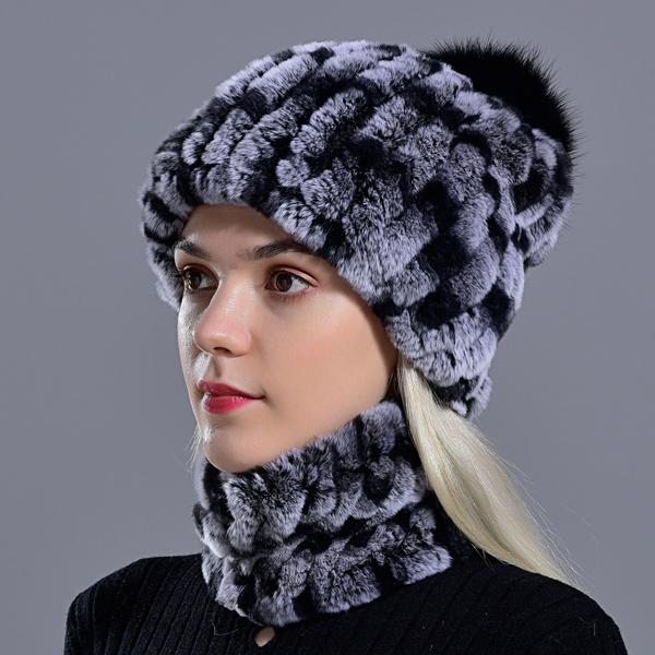 Rabbit Fur Pompom Hat Ring Scarf Set Women's Winter Fashionable Natural Fur Knitted Caps Neck Warmers for Girls Female