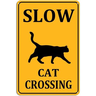 Slow Cat Crossing Sign Aluminum Black On Yellow Wall Decor for Home Cafes Office Store Pubs Club Indoor Outdoor 8X12inch/Ti S