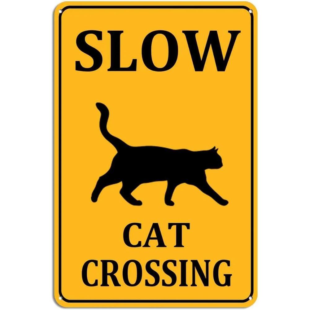 

Slow Cat Crossing Sign Aluminum Black on Yellow Wall Decor for Home Cafes Office Store Pubs Club Indoor outdoor 8X12inch/Ti s 20x30cm（7.8x11.8inch）