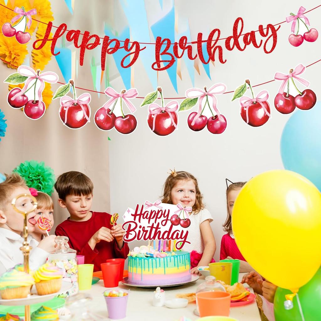 Cherry Birthday Party Decorations - Cherry Themed Banners Decoration Pink Bow Fruit Cake Topper Decor Supplies for Girls Women