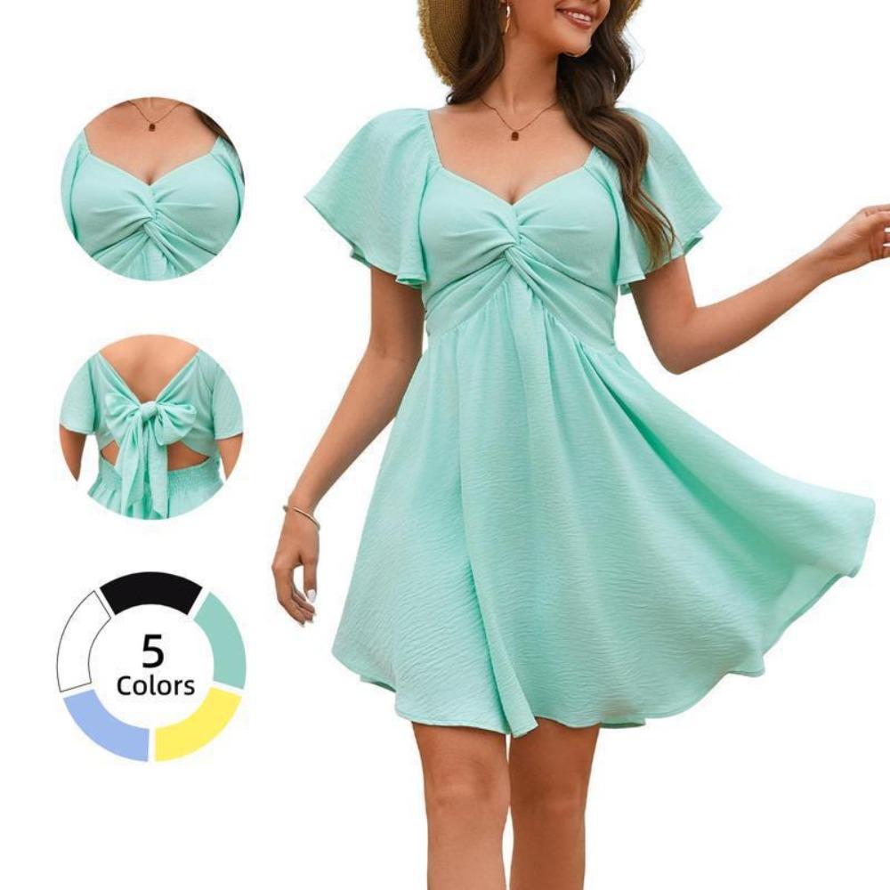 Women's Sweetheart Neck Short Sleeve Mini Dress A-Line High Waist Solid Twist Bow Back Vacation Sundress