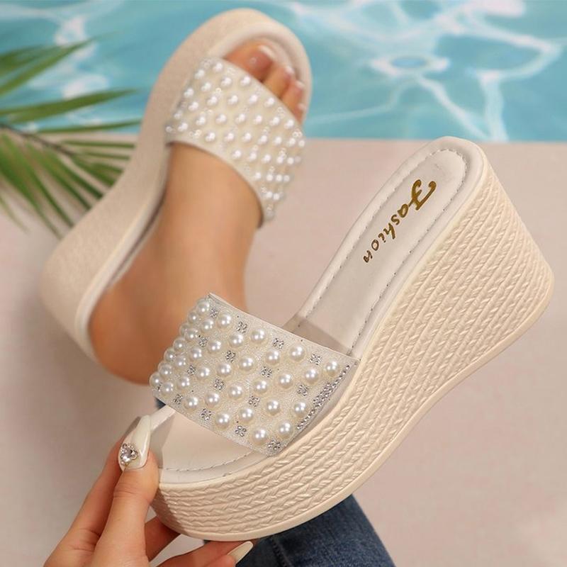 Fashion Summer Plus Size Women's Shoes Pearl Wedge Slippers for Women Beach Platform Woman Slippers Fashion Diamond Slides Woman Sandals
