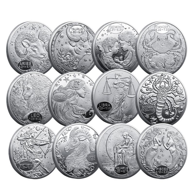 Twelve zodiac silver medals, commemorative coins, foreign trade metal relief commemorative medals, zodiac collection coins, Christmas gift cm