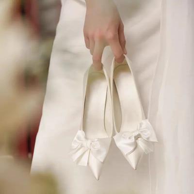 French Style White Satin High Heels Women's 2023 Spring Autumn New Arrival Marriage Shoes Bride Bow Single Shoes Women's