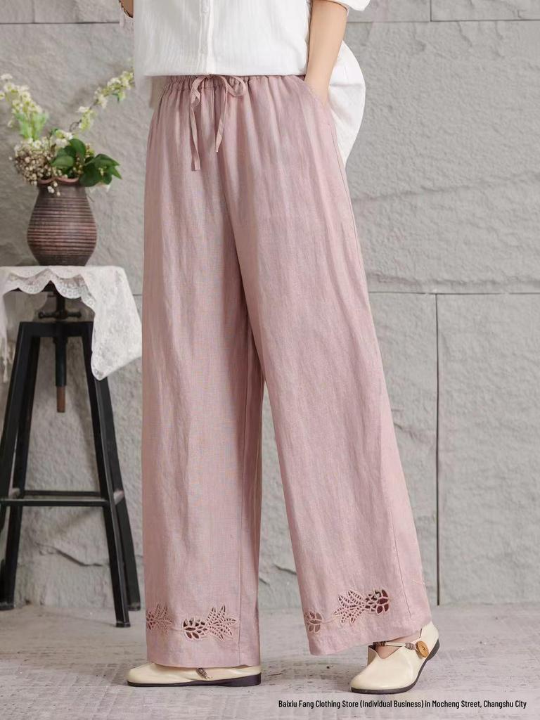 2026 Women's Summer Linen Wide-Leg Straight-Leg Slimming Casual Pants - Lightweight, Breathable, Large Size, Simple Fashion