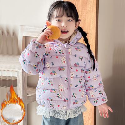 Girls' Warm Cotton-padded Clothes Fashion Winter Baby Girl Thickened Short Cotton-padded Jacket Children's Autumn Cute Cartoon Print Purple Coats