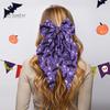 Pumpkin Print Bow Barrette Halloween Silky Satin Hair Bows, Big Ribbon Clips, Oversized Dynamic Long Tail Barrettes, Cute Accessories for Women Girls