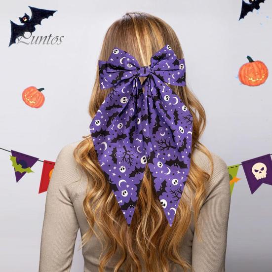 Pumpkin Print Bow Barrette Halloween Silky Satin Hair Bows, Big Ribbon Clips, Oversized Dynamic Long Tail Barrettes, Cute Accessories for Women Girls