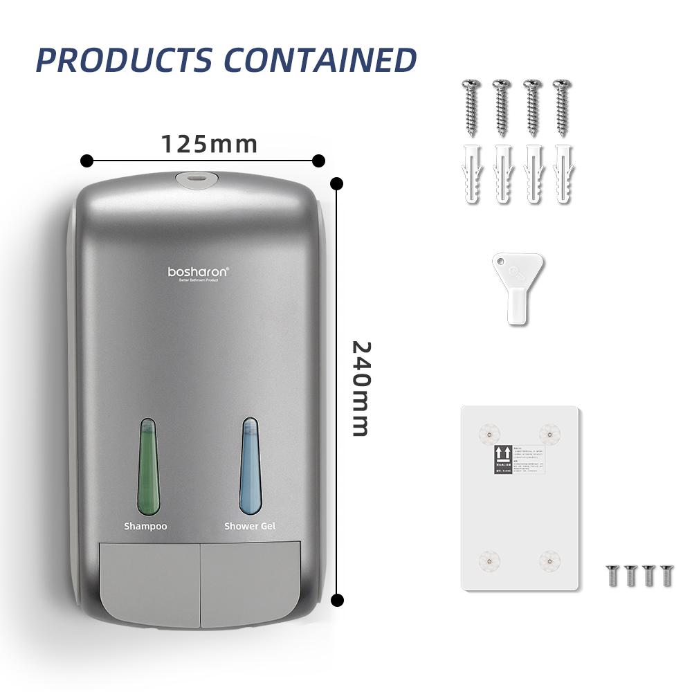 2-in-1 Shower Shampoo Soap Dispenser No Drill Wall-Mounted Shower Pump Soap Dispenser 2 Chamber Body Wash Dispenser for Bathroom