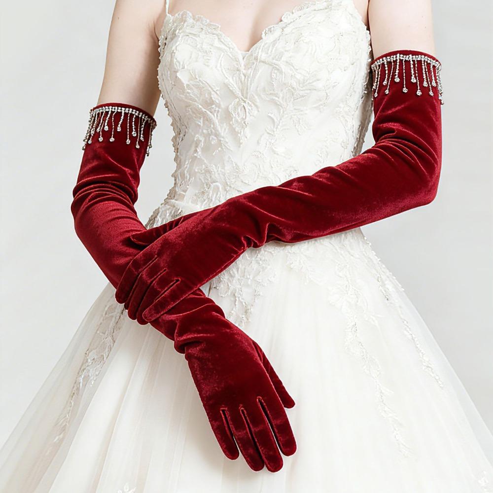 

Elegant Velvet Long Gloves Rhinestone Tassel Bride s Long Mittens Dress-Up Accessories темно-червоний колір