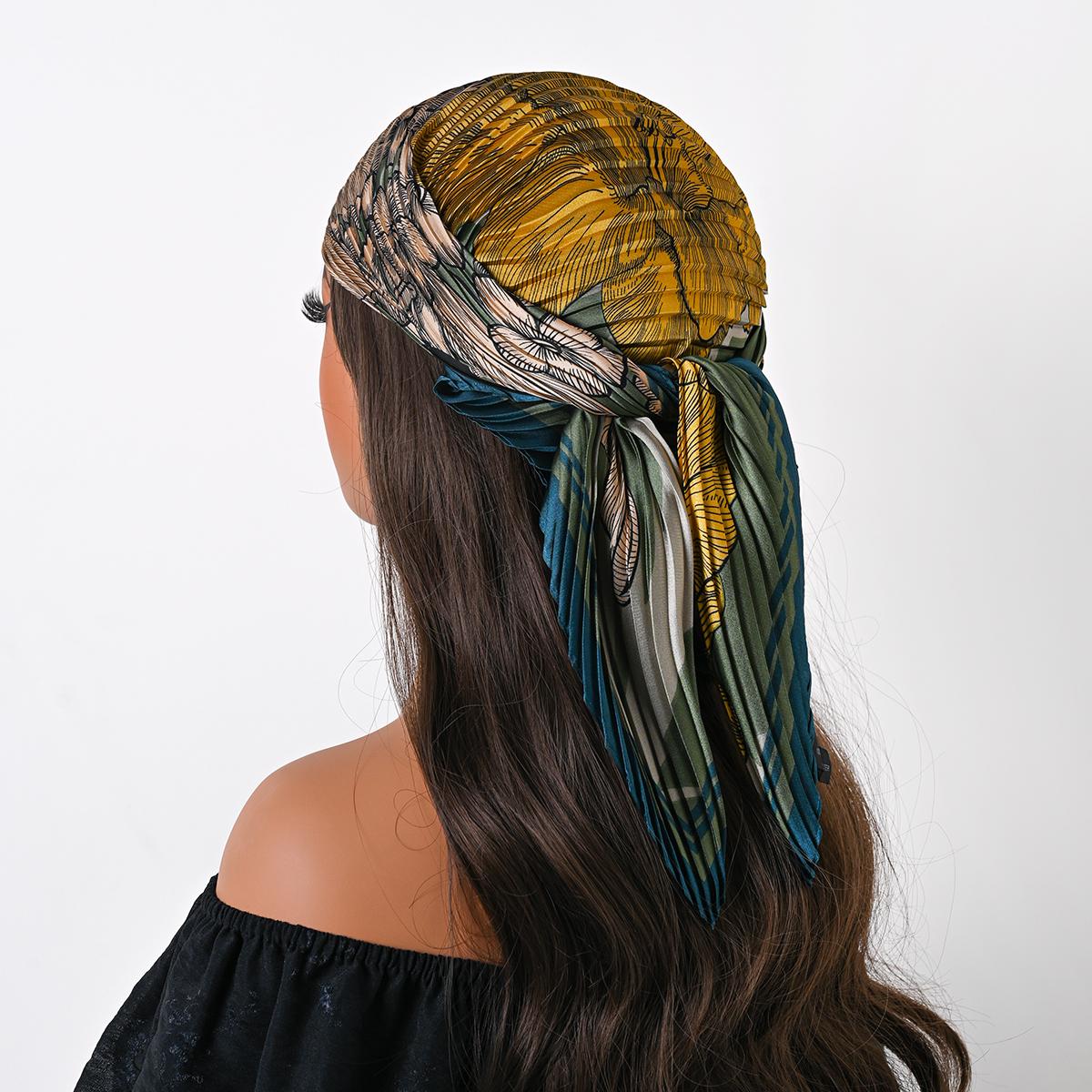 

New Bohemian Style Floral Print Square Pleated Silk Scarf Women’s Satin Head Flower Design Sun protection Scarves Bandana Hijab