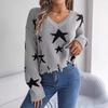 Autumn/Winter Casual V-Neck Star-Print Distressed Long-Sleeved Knitted Pullover for Women