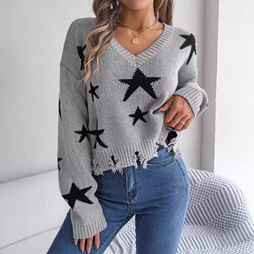 Autumn/Winter Casual V-Neck Star-Print Distressed Long-Sleeved Knitted Pullover for Women
